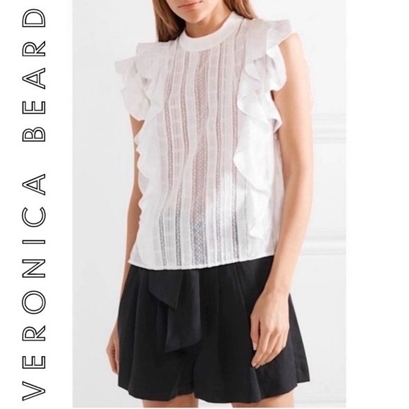 Veronica Beard Sol Lace Inset Ruffle Sleeveless Lace Crochet White Top Blouse 2 - Picture 4 of 16